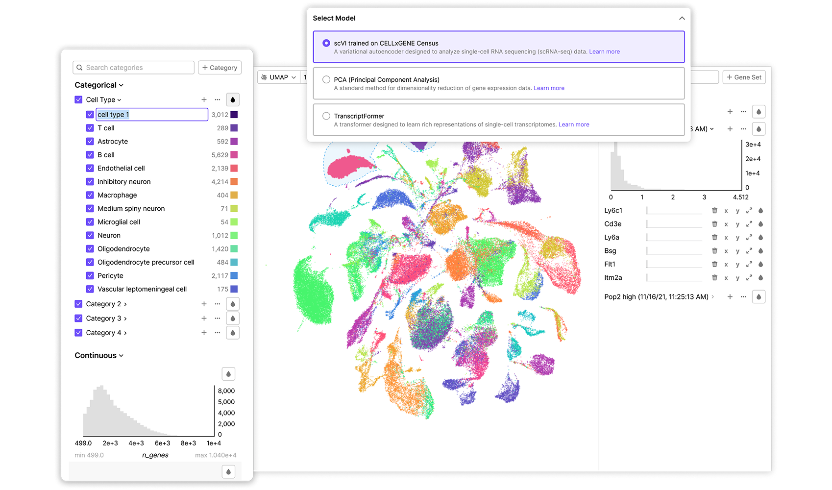 UMAP visualization of single-cell data with model selection and cell type filtering panel showing color-coded clusters by category.
